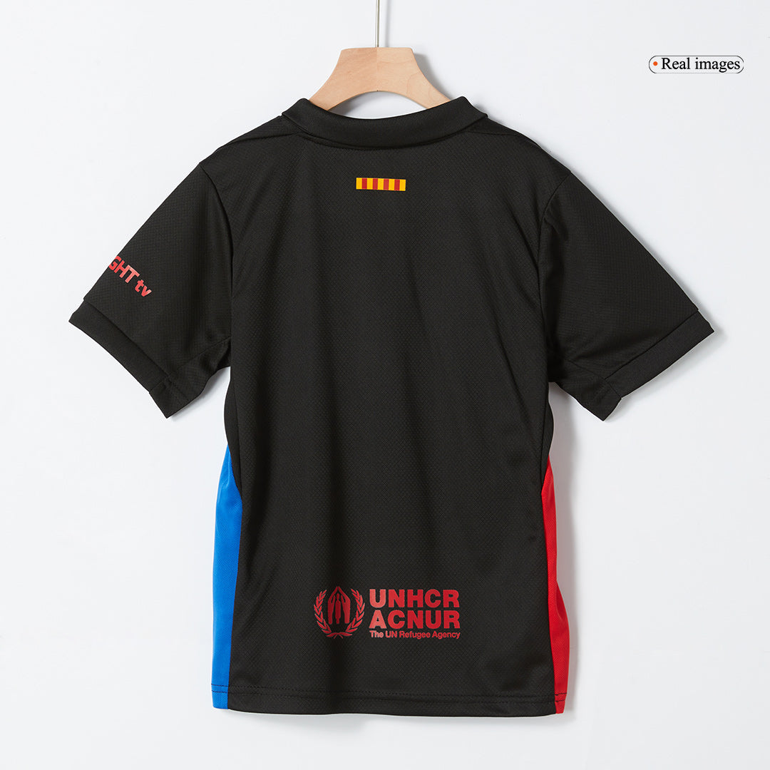 Barcelona 2024/25 Kids Away Nogometna majica (majica in kratke hlače), črna - logotip Spotify brez besedila