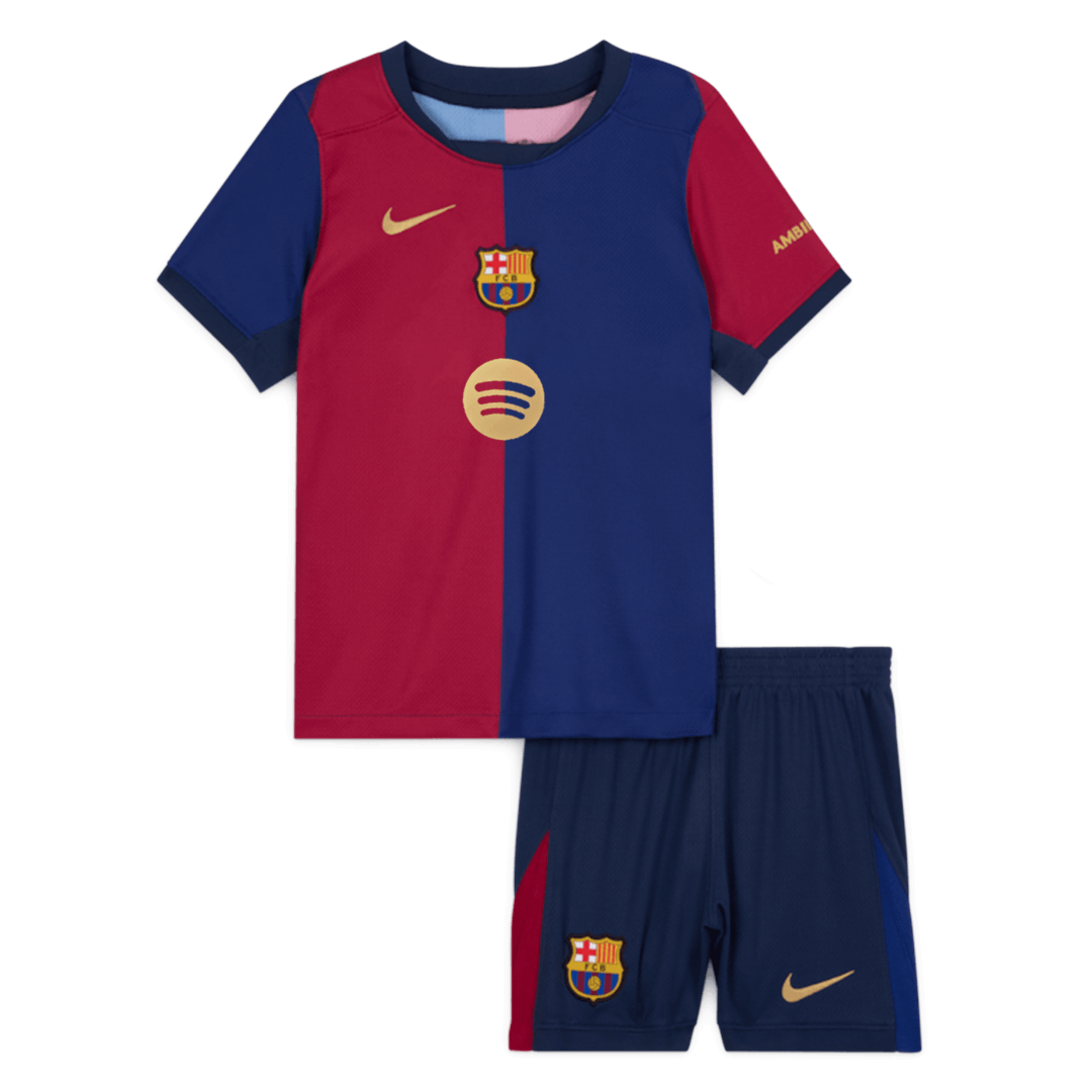 Barcelona Home Kids Nogometna majica (majica + kratke hlače) 2024/25 rdeča in modra z logotipom Spotify brez besedila