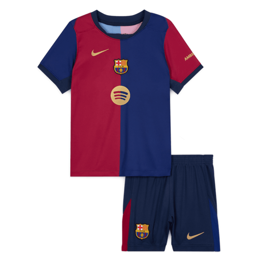 Barcelona Home Kids Nogometna majica (majica + kratke hlače) 2024/25 rdeča in modra z logotipom Spotify brez besedila