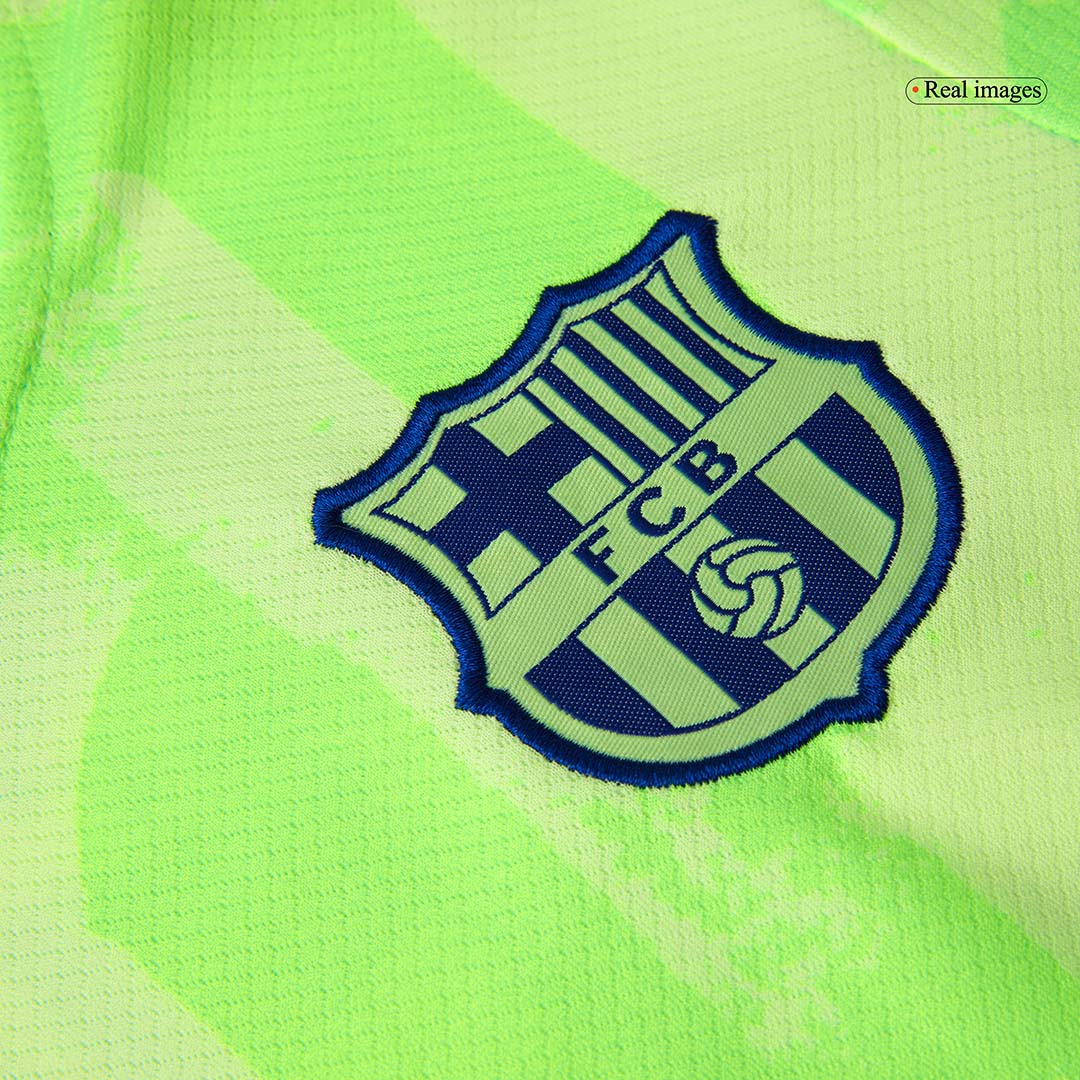 Barcelona 3rd Kids Away nogometna majica (majica, kratke hlače in nogavice) 2024/25 zelena - UCL (logotip Spotify brez besedila)