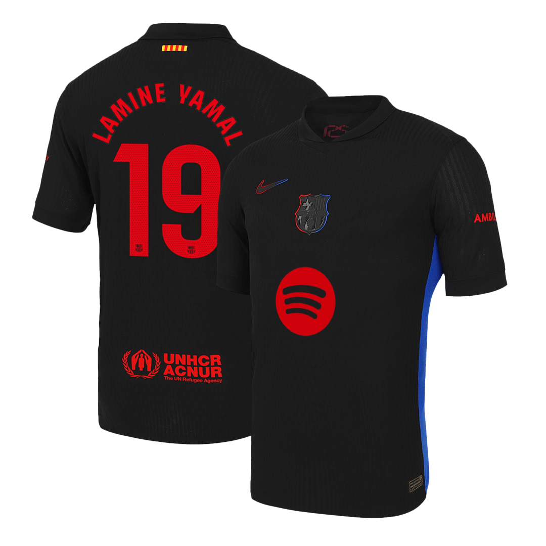 LAMINE YAMAL #19 Authentic Barcelona gostujoča nogometna majica 2024/25 črna - logotip Spotify brez besedila