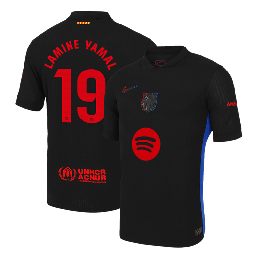 LAMINE YAMAL #19 Authentic Barcelona gostujoča nogometna majica 2024/25 črna - logotip Spotify brez besedila