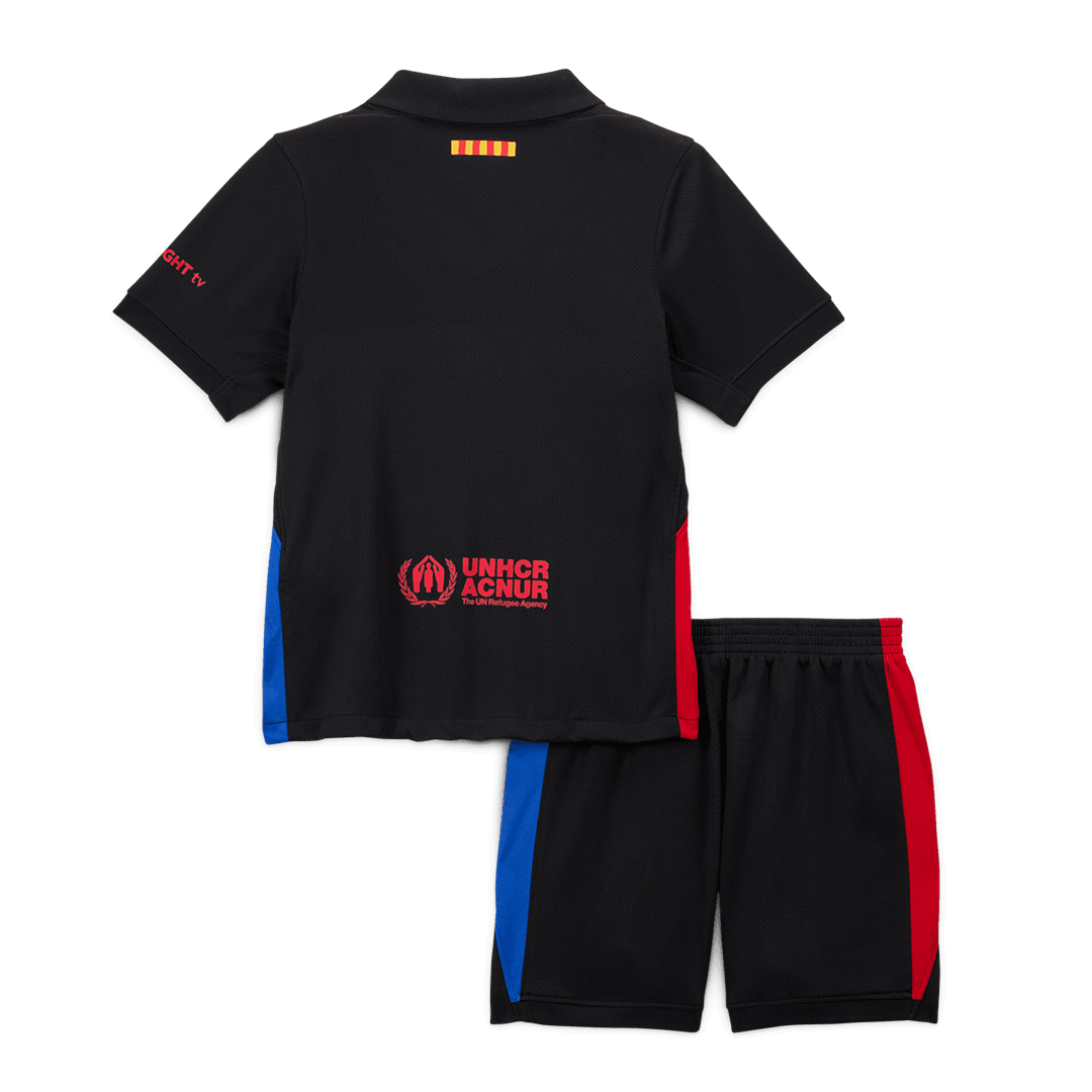 Barcelona 2024/25 Kids Away Nogometna majica (majica in kratke hlače), črna - logotip Spotify brez besedila