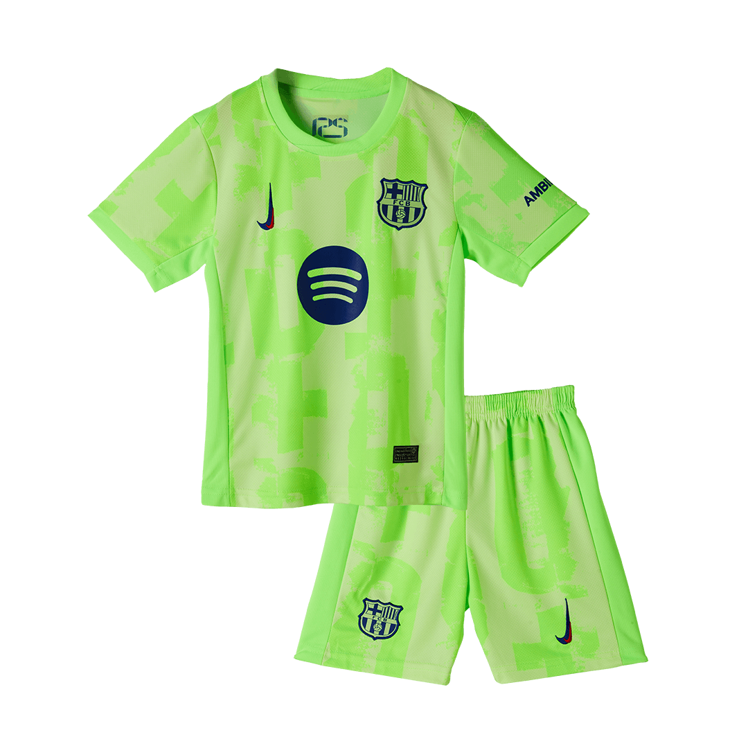Barcelona 3rd Kids Away nogometna majica (majica, kratke hlače in nogavice) 2024/25 zelena - UCL (logotip Spotify brez besedila)