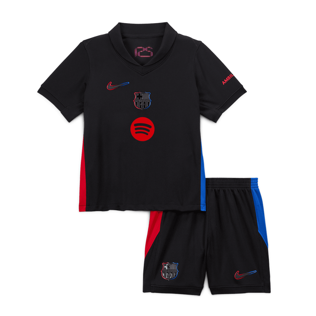 Barcelona 2024/25 Kids Away Nogometna majica (majica in kratke hlače), črna - logotip Spotify brez besedila
