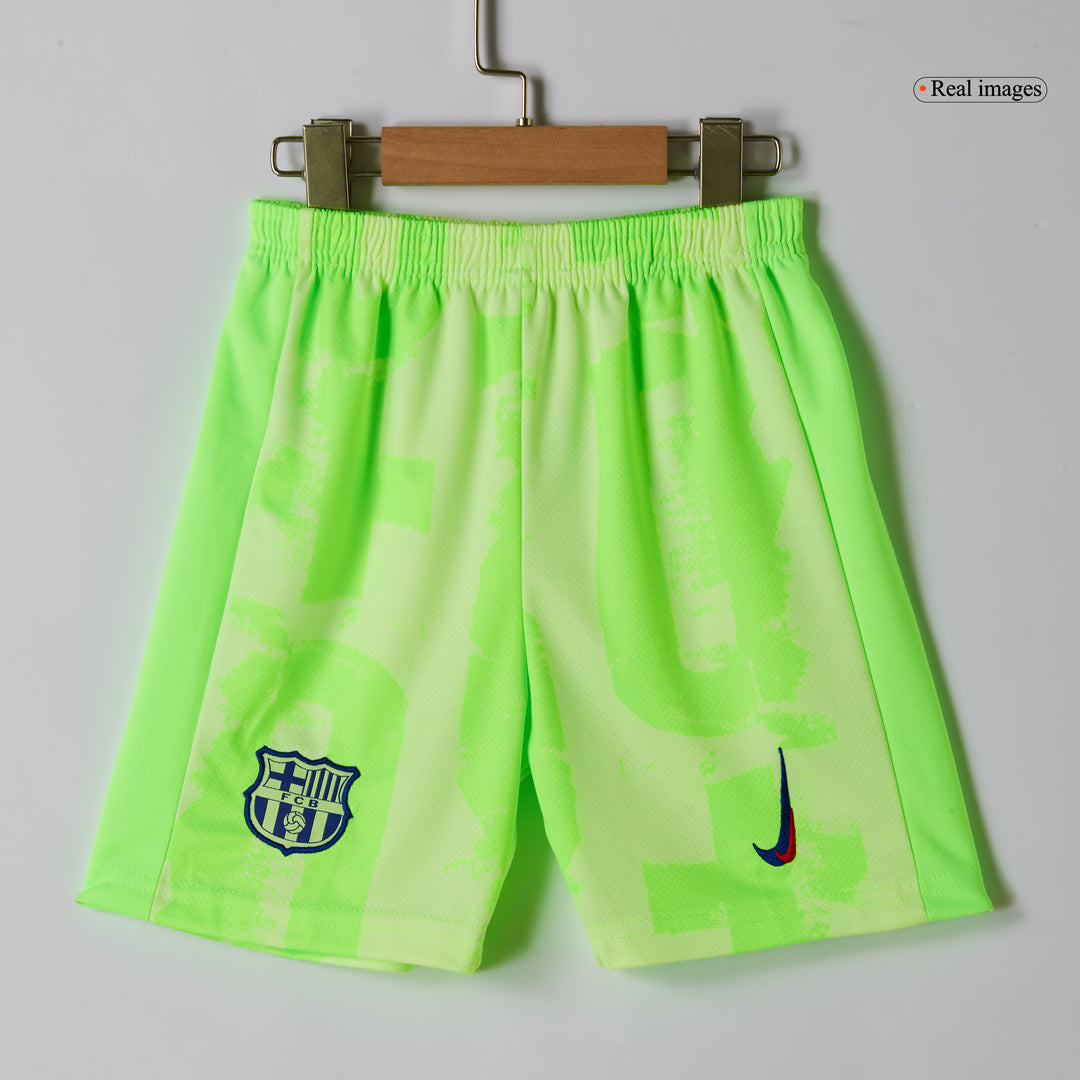 Barcelona 3rd Kids Away nogometna majica (majica, kratke hlače in nogavice) 2024/25 zelena - UCL (logotip Spotify brez besedila)