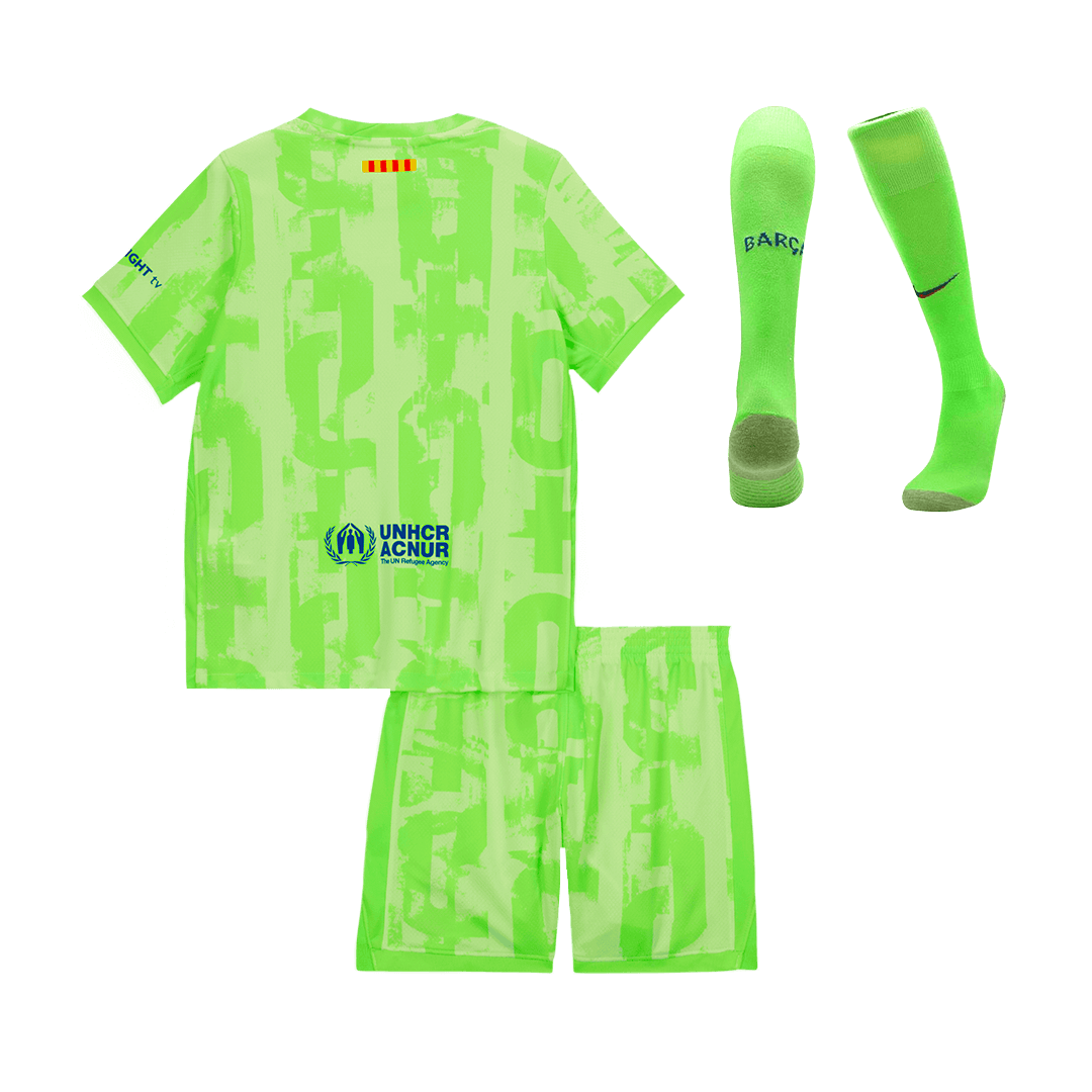 Barcelona 3rd Kids Away nogometna majica (majica, kratke hlače in nogavice) 2024/25 zelena - UCL (logotip Spotify brez besedila)