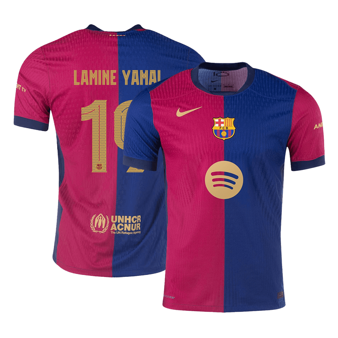 Verodostojna domača nogometna majica LAMINE YAMAL #19 Barcelona 2024/25 - logotip Spotify brez besedila+UCL