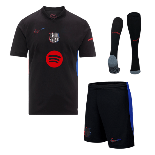Barcelona 2024/25 Gostujoči komplet (majica, kratke hlače in nogavice), črna - logotip Spotify brez besedila