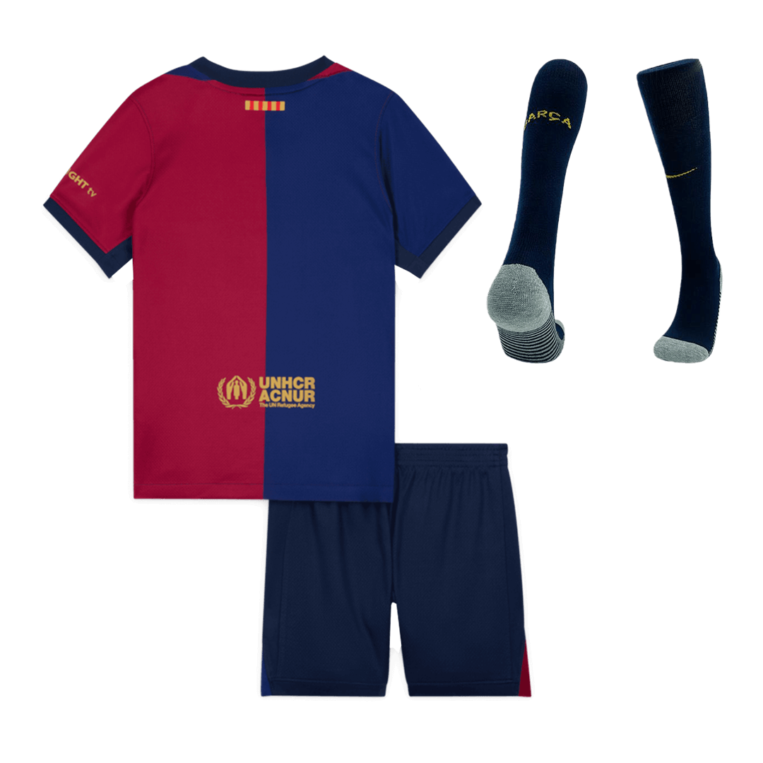 Barcelona 2024/25 Domača otroška nogometna majica (majica, kratke hlače, nogavice) rdeča in modra