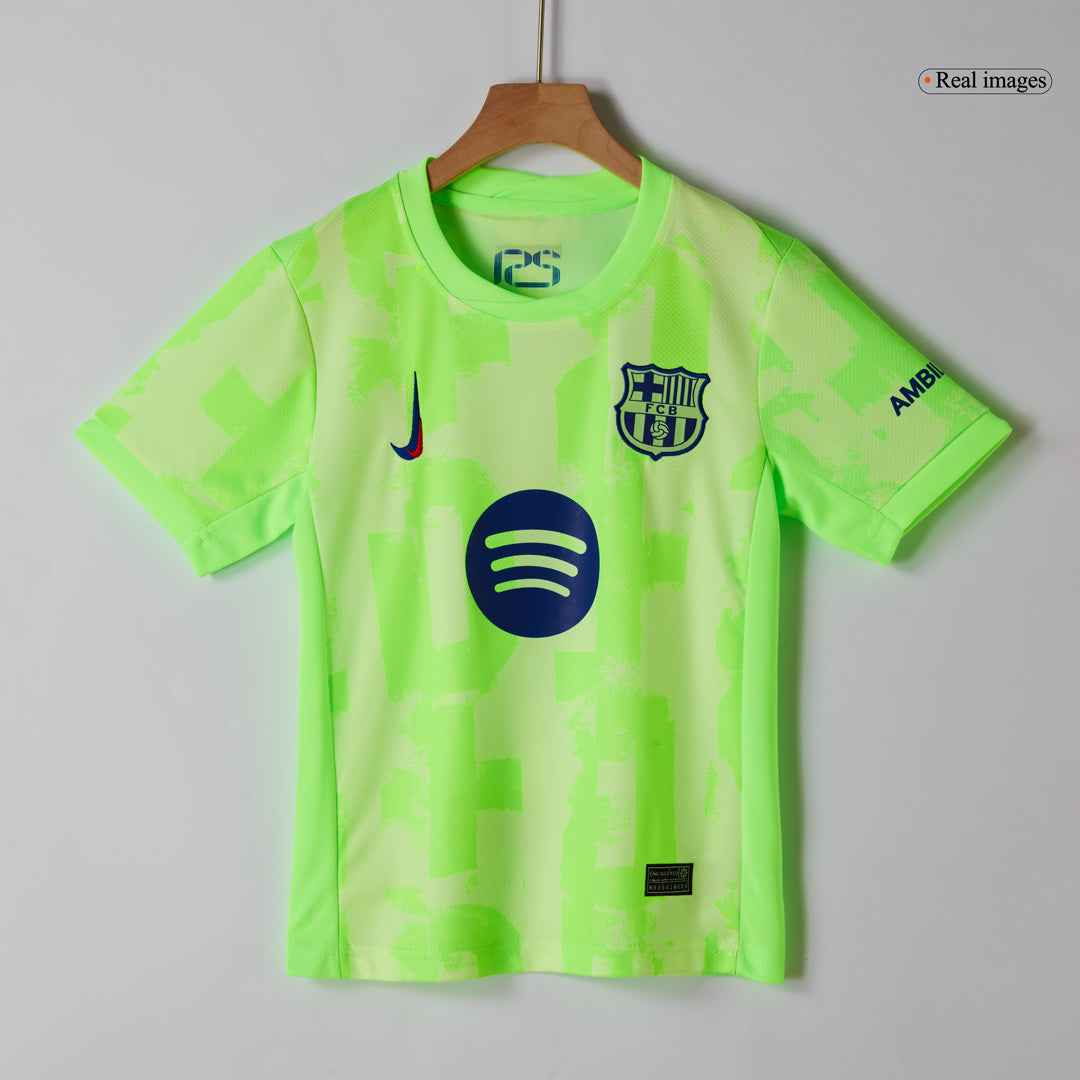 Barcelona 3rd Kids Away nogometna majica (majica, kratke hlače in nogavice) 2024/25 zelena - UCL (logotip Spotify brez besedila)