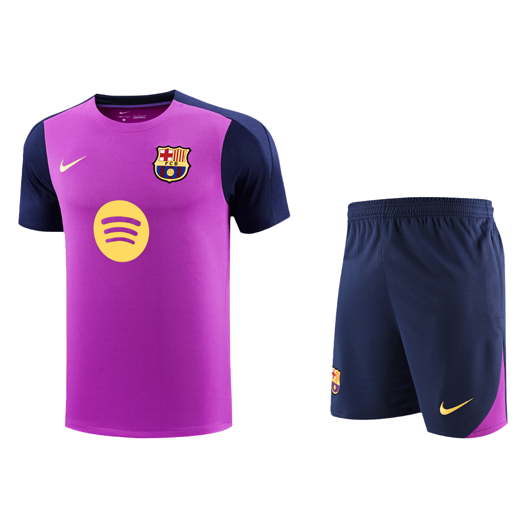 Komplet nogometnega dresa za trening pred tekmo Barcelona (majica + kratke hlače) 25/26 vijolična