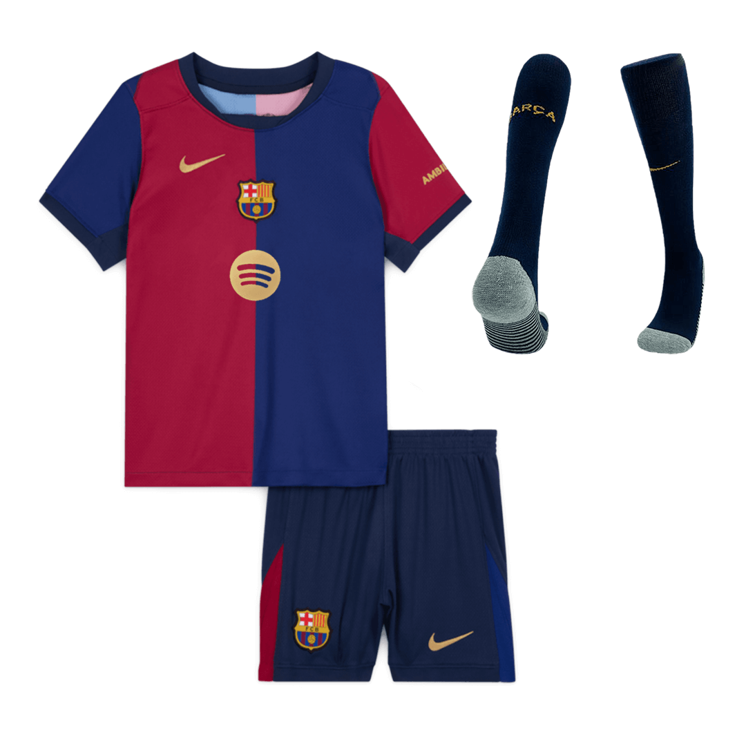 Barcelona 2024/25 Domača otroška nogometna majica (majica, kratke hlače, nogavice) rdeča in modra