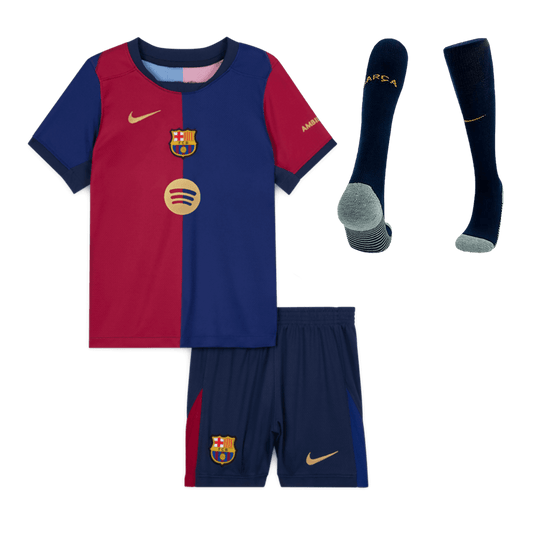 Barcelona 2024/25 Domača otroška nogometna majica (majica, kratke hlače, nogavice) rdeča in modra