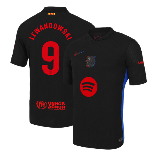 LEWANDOWSKI #9 Authentic Barcelona gostujoča nogometna majica 2024/25 črna - logotip Spotify brez besedila