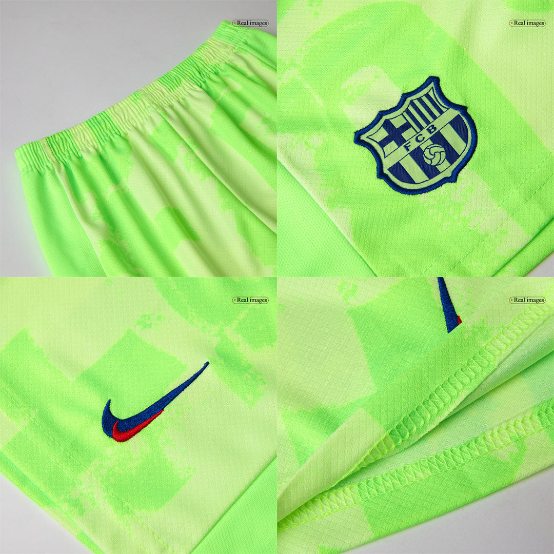 Barcelona 3rd Kids Away nogometna majica (majica, kratke hlače in nogavice) 2024/25 zelena - UCL (logotip Spotify brez besedila)