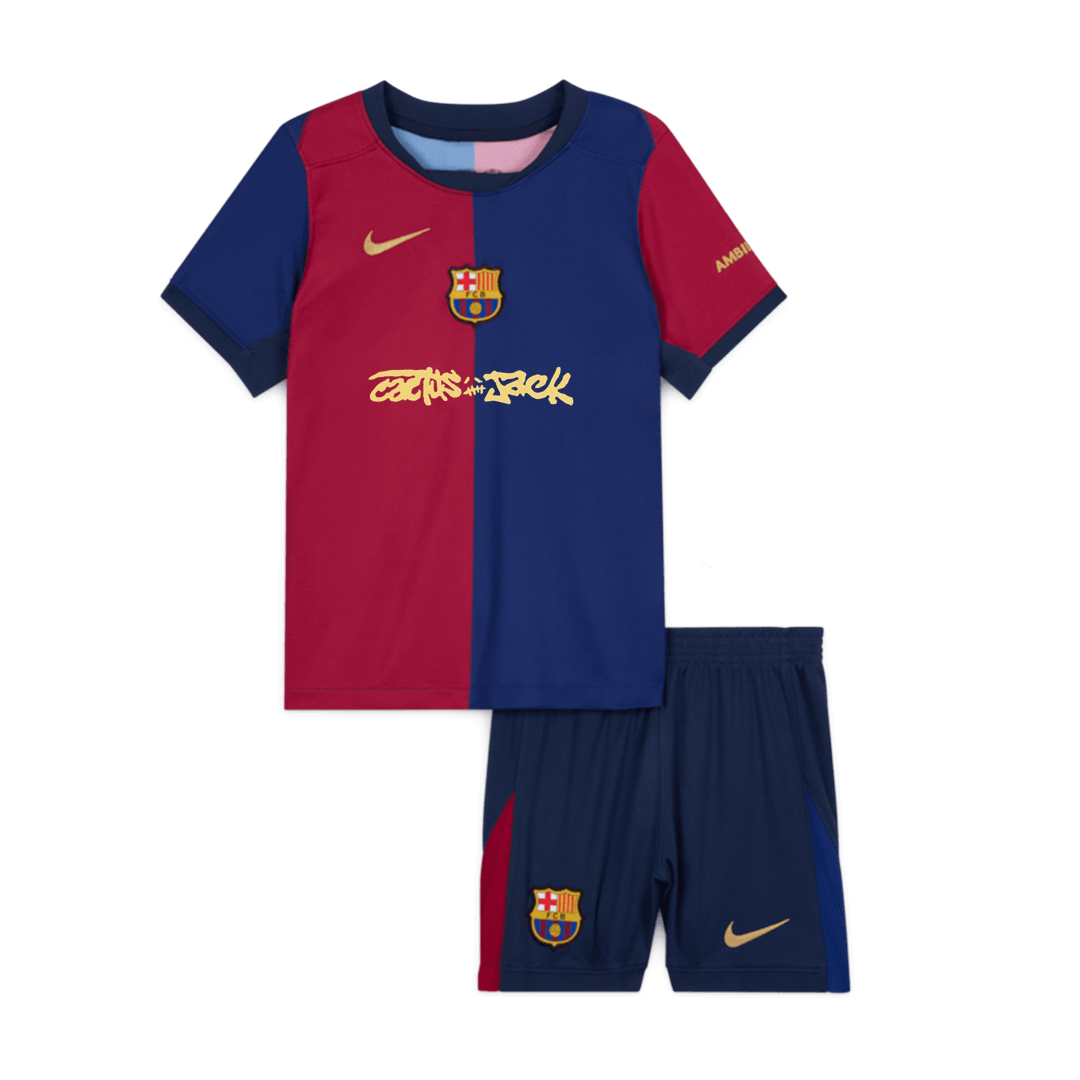 Barcelona X Travis Scott otroška domača nogometna majica (majica + kratke hlače) 2024/25 rdeča in modra