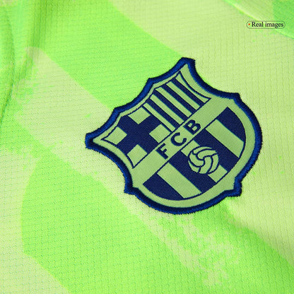 Barcelona 3rd Kids Away nogometna majica (majica, kratke hlače in nogavice) 2024/25 zelena - UCL (logotip Spotify brez besedila)