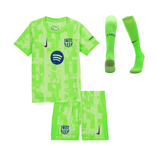 Barcelona 3rd Kids Away nogometna majica (majica, kratke hlače in nogavice) 2024/25 zelena - UCL (logotip Spotify brez besedila)