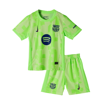Barcelona 3rd Kids Away nogometna majica (majica, kratke hlače in nogavice) 2024/25 zelena - UCL (logotip Spotify brez besedila)