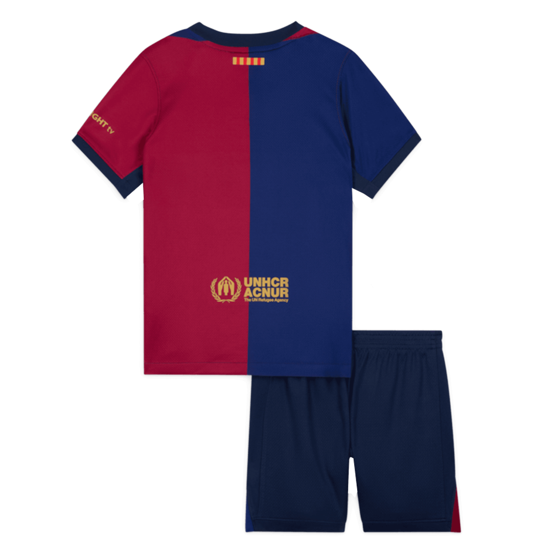 Barcelona Home Kids Nogometna majica (majica + kratke hlače) 2024/25 rdeča in modra z logotipom Spotify brez besedila