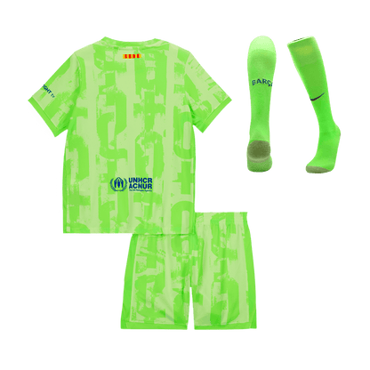 Barcelona 3rd Kids Away nogometna majica (majica, kratke hlače in nogavice) 2024/25 zelena - UCL (logotip Spotify brez besedila)