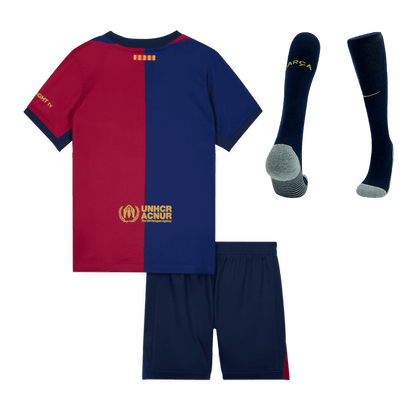 Barcelona 2024/25 Domača otroška nogometna majica (majica, kratke hlače, nogavice) rdeča in modra