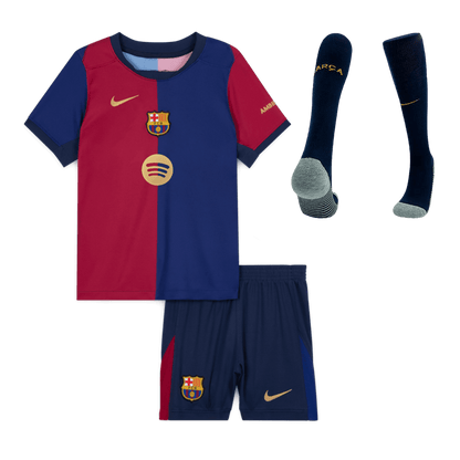 Barcelona 2024/25 Domača otroška nogometna majica (majica, kratke hlače, nogavice) rdeča in modra